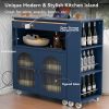 K&K Rolling Kitchen Island With Extended Table, Kitchen Island on Wheels with LED Lights,Power Outlets and 2 Fluted Glass Doors