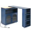 K&K Rolling Kitchen Island With Extended Table, Kitchen Island on Wheels with LED Lights,Power Outlets and 2 Fluted Glass Doors