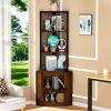 Corner Shelf with Doors, 65" Corner Cabinet with Shelves & Wine Glass Rack, 6 Tier Bookshelf Display Corner Shelves