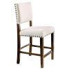 Classic Set of 2pc Counter Height Dining Chairs Ivory Fabric Padded Linen Chairs Upholstered Cushion High Chairs Nailhead Trim Kitchen Dining Room Sol