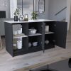 Juniper Kitchen Island with Large Top Surface, Double Door Cabinet, and Open Shelves Black / Ibiza Marble