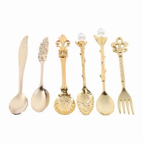 6Pcs/Set Retro Royal Style Metal Mini Coffee Spoons and Fork Kitchen Fruit Accessories Golden (Option: Golden)