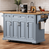 54 inch Large Kitchen Island with Rubber Wood Drop Leaf, Embossed Texture Rolling Kitchen Cart on 4 Wheels with 4 Doors and 3 Drawers