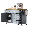 52" Kitchen Island with Drop Leaf, Embossed Texture Kitchen Island on Wheels with Spice Rack, Towel Rack, 2 Doors and 5 Drawers